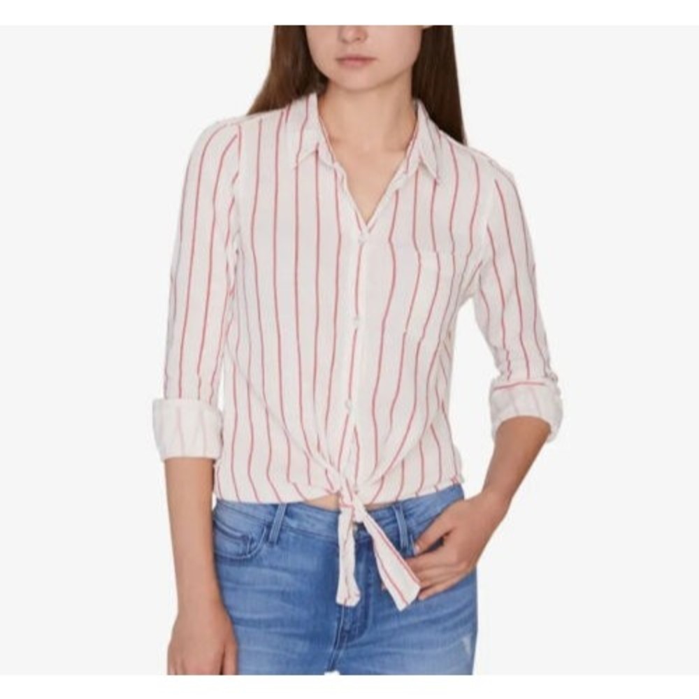 Sanctuary Clothing Womens Tie-Hem Button Down Blouse, White, Large